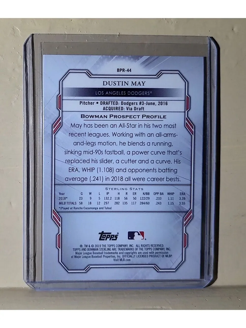 Dustin May 2019 Topps Bowman Sterling MLB #44 Baseball Card Los Angeles Dodgers